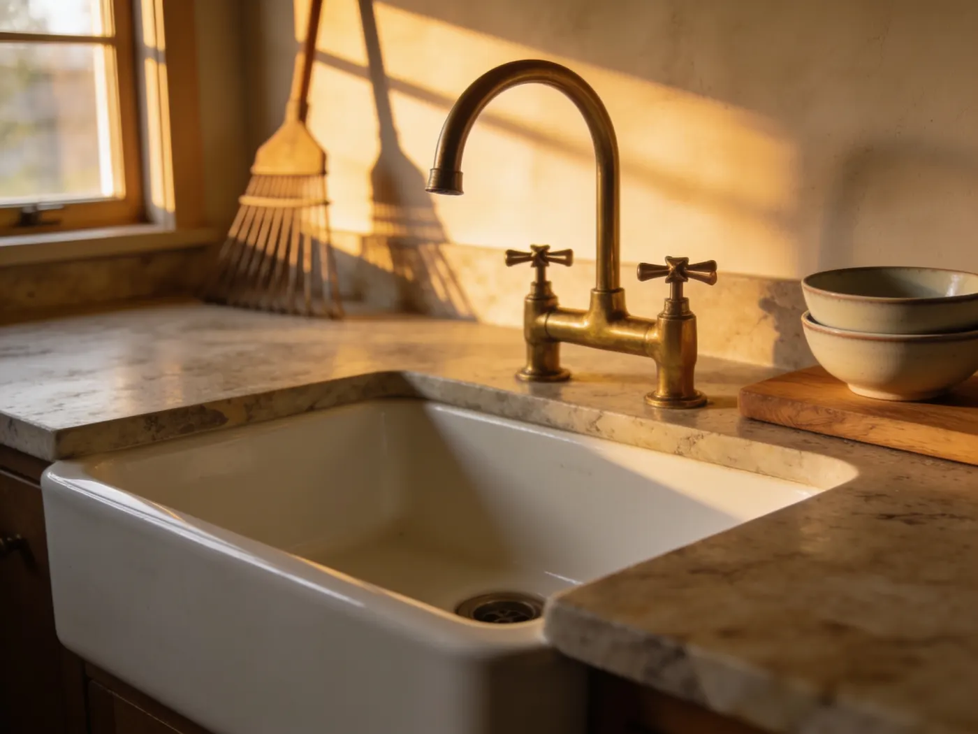 A fireclay farmhouse sink in a soapstone counter with a brass bridge faucet.
