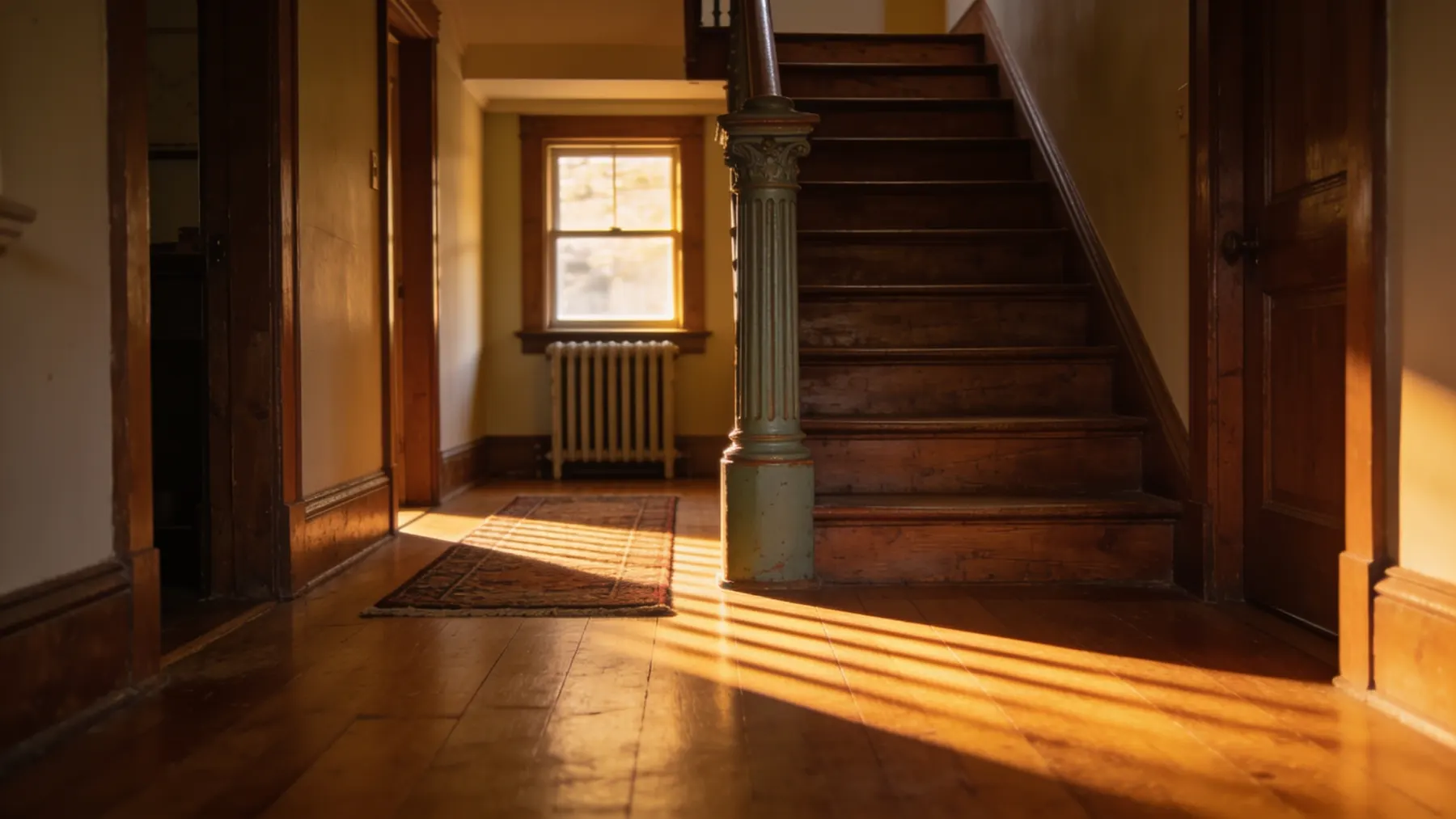 The hallway of an older home with oak floors and a cast-iron radiator in low amber light.