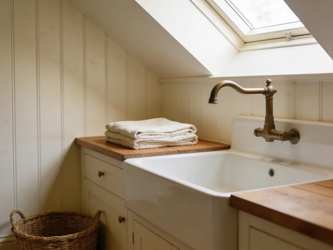 A laundry room with a deep white utility sink and brushed nickel tap.