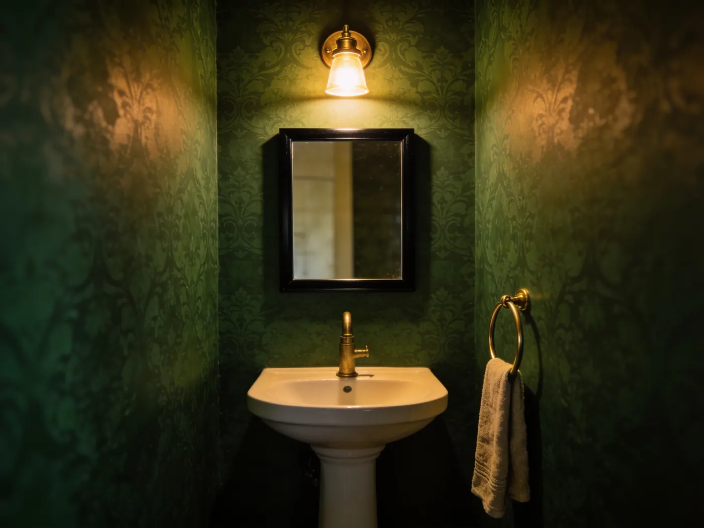 A porcelain pedestal basin against deep green wallpaper with a brass tap and wall sconce.