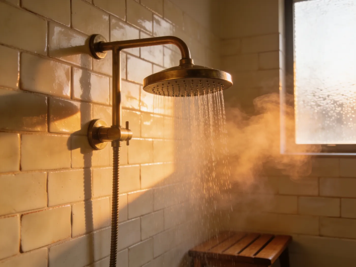 A brass rain shower head on cream zellige tile with steam catching low light.