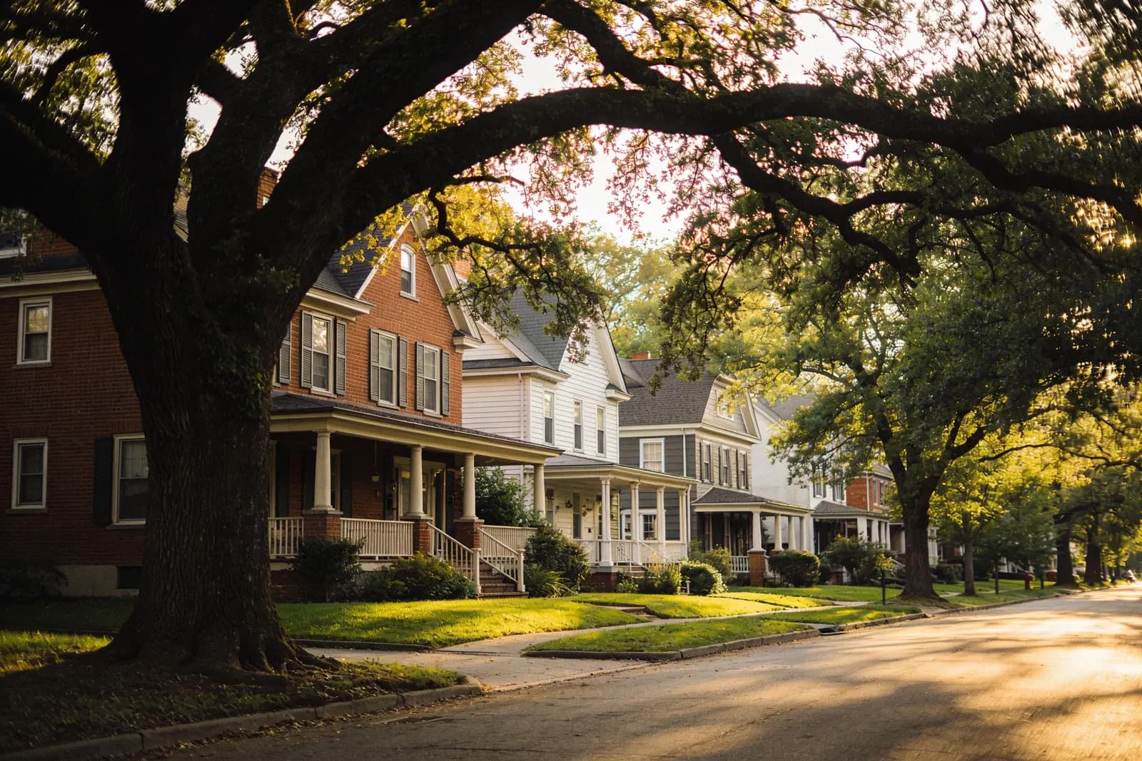 A leafy older suburban street of brick and clapboard family homes under mature oaks in late afternoon light.