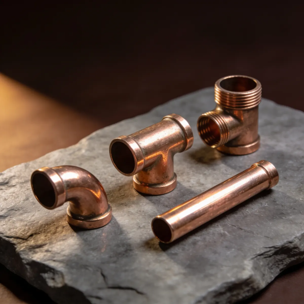 New copper elbows, a tee and a length of pipe laid out on grey stone under warm directional light.