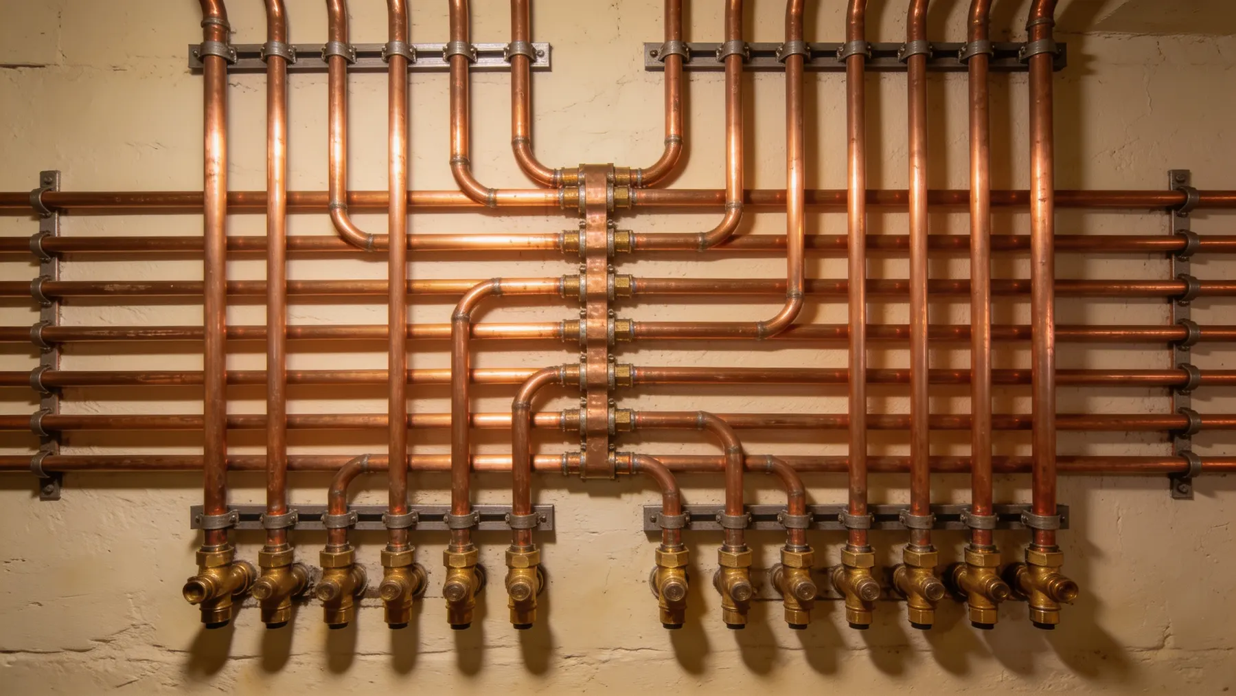 New copper pipework in neat parallel runs across a basement wall with brass isolation valves.
