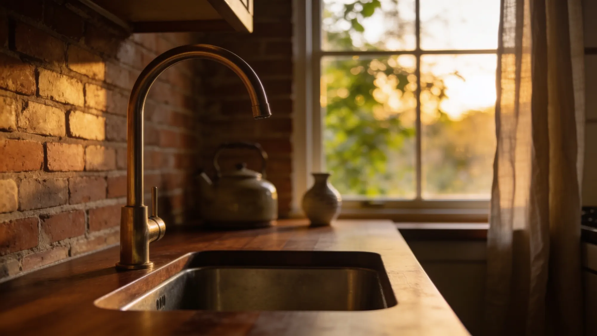 A kitchen in an older brick home at golden hour, with a tall aged-brass faucet over an undermount sink.