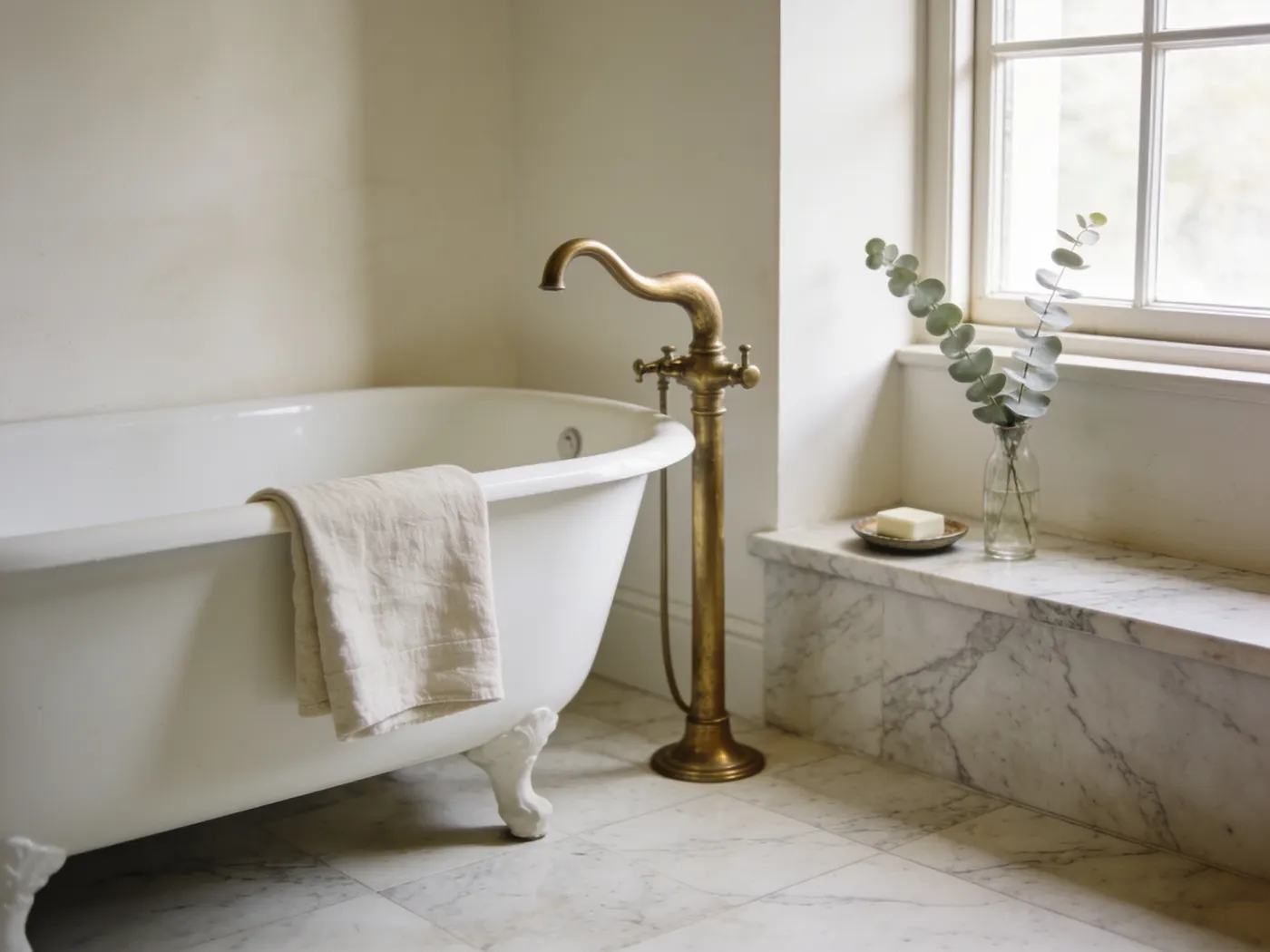 A freestanding cast-iron bath with an unlacquered brass floor-mounted filler.