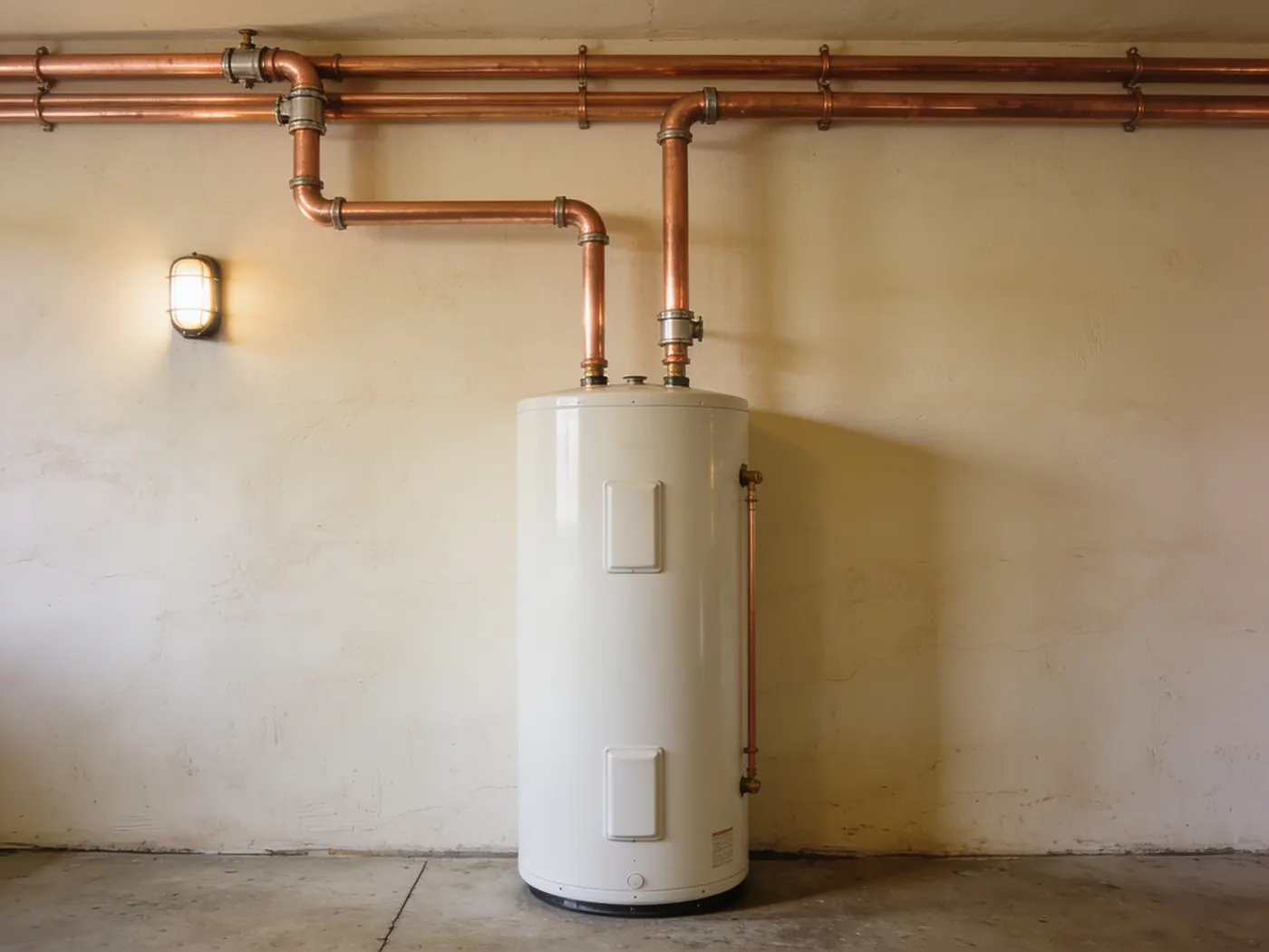 A tidy utility room with a white tank water heater and new copper supply lines running overhead.